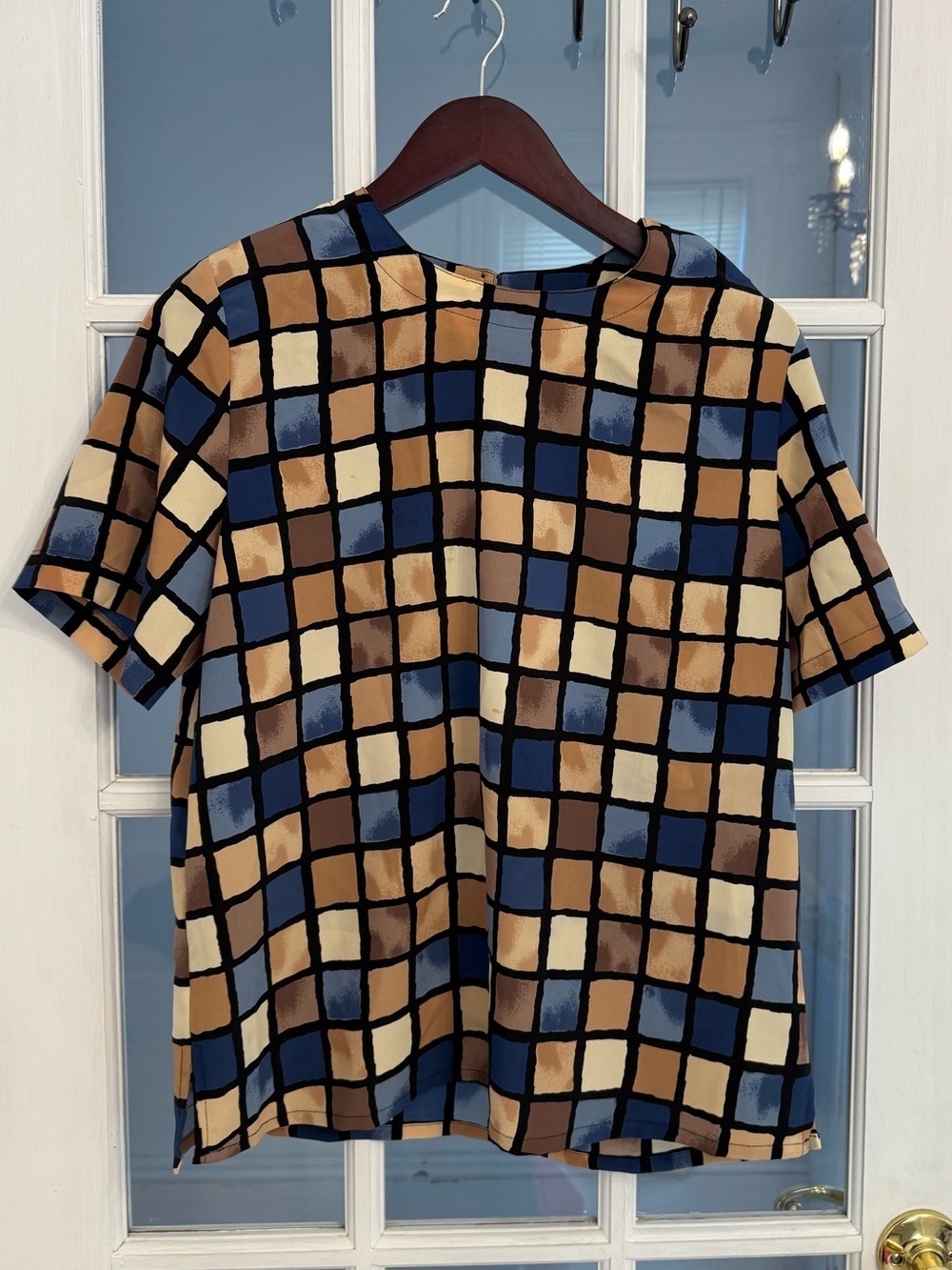 KATHY CHE Women’s 80s 90s Vintage Multicolor Checkered Short Sleeve Top Size S